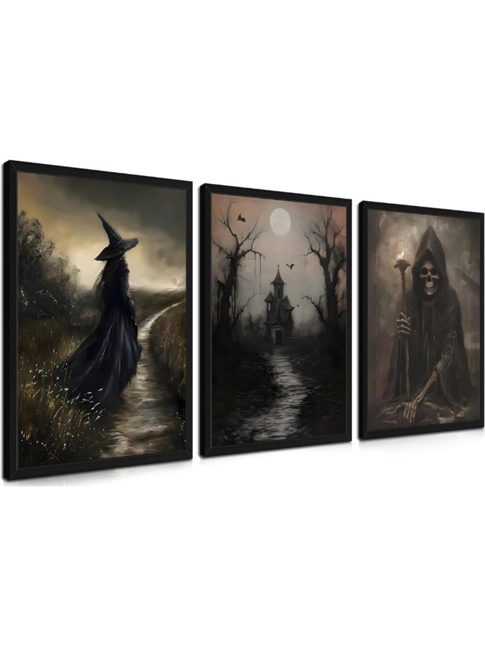 Set of 3 Dark Academia Wall Art - Vintage Gothic Skull & Haunted House Decor